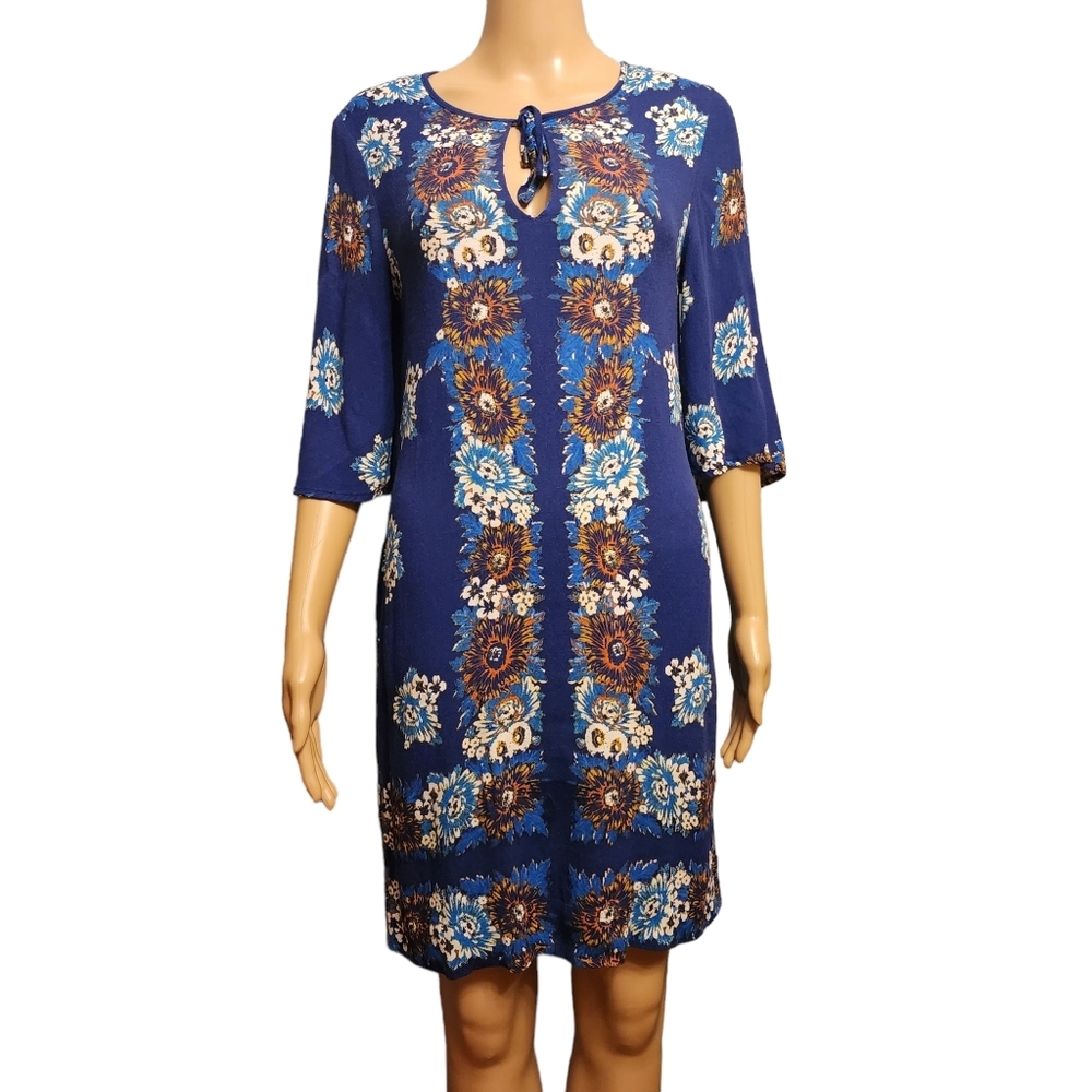 Ella Moss Blue Floral Shift Dress 3/4 Length Sleeves Size M